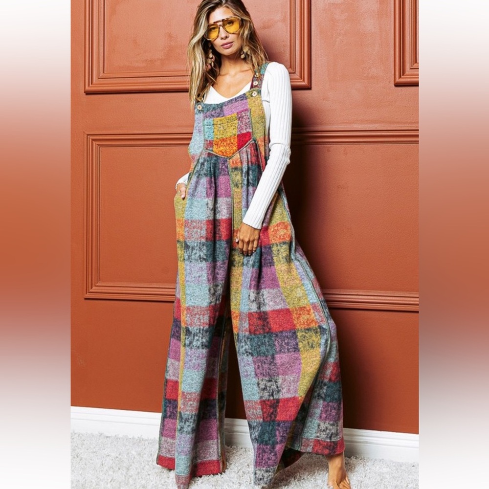 VINTAGE BRUSHED MULTI CHECKERED AND PLAID BOHO OVERALLS JUMPSUIT - Picture 5 of 8